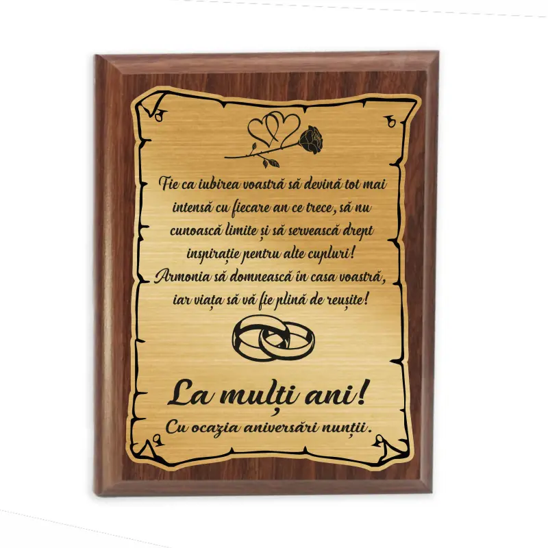 Aniversare casatorie, fie ca iubirea voastra..., placheta lemn personalizata prin gravura